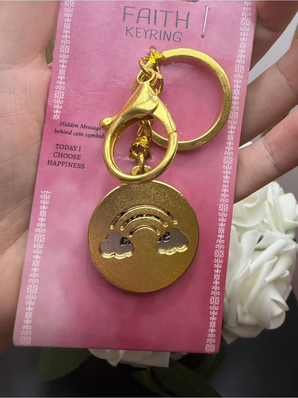 Gold Cloud & Rainbow Round Keychain